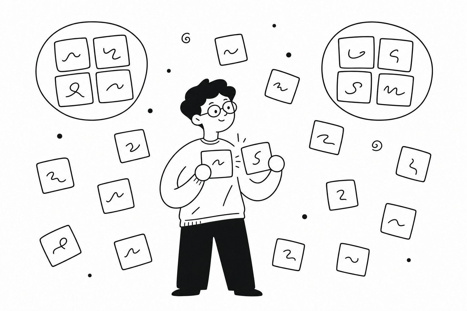 A person drawing two blank puzzle tiles together out of a scatter of loose tiles, with two groups of four already gathered into ringed clusters above them