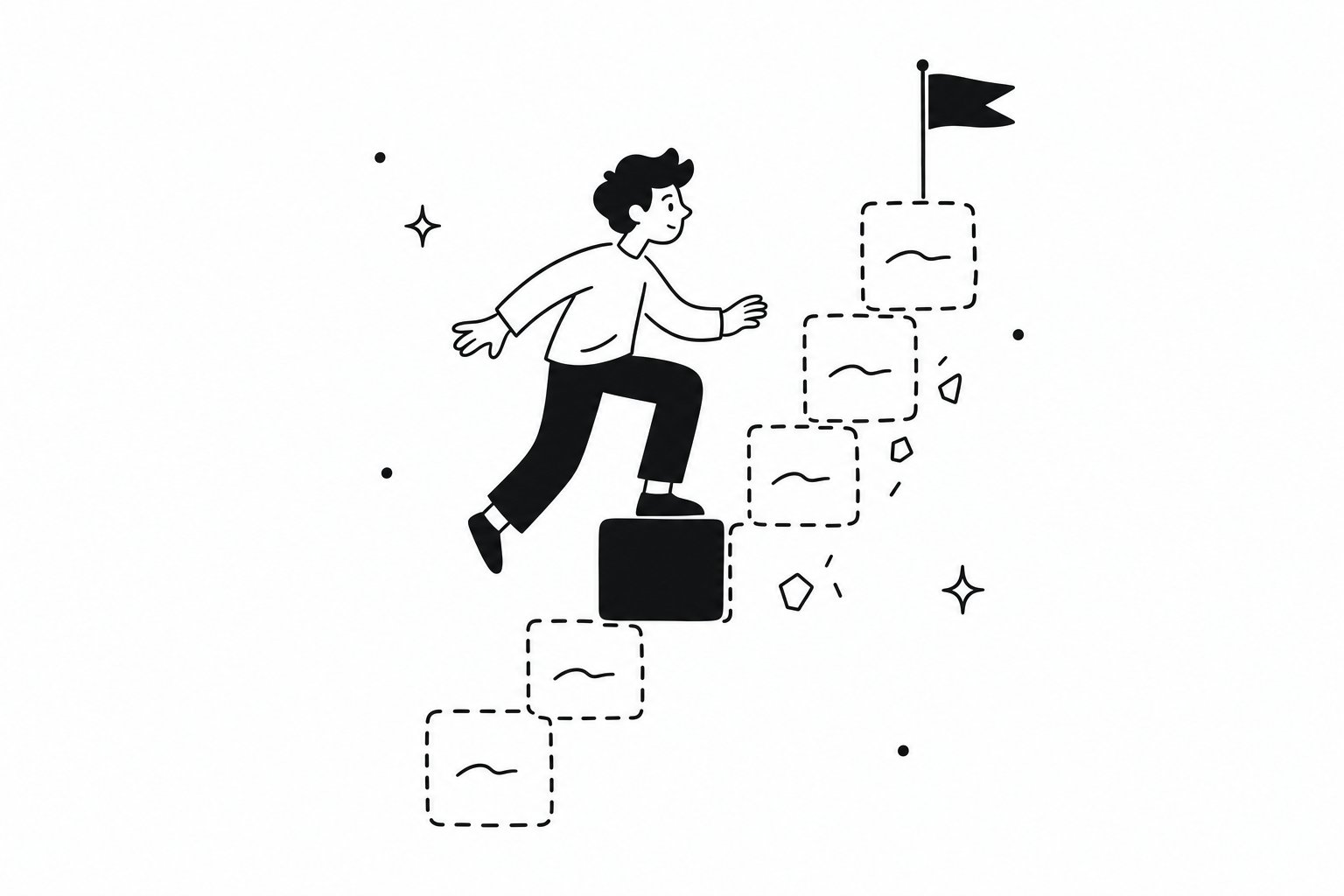 A person steps up onto the only solid tile of a staircase made of dashed-outline tiles, with small fragments falling away, climbing toward a flag at the top