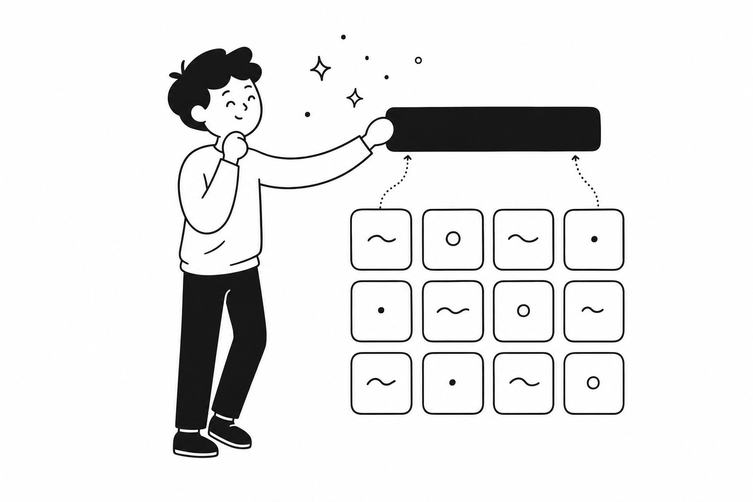 A person reaching toward a solid black bar that a solved row of four tiles has merged into, with twelve blank outlined tiles still unsorted below it and two dotted arrows curving up from the grid to the bar