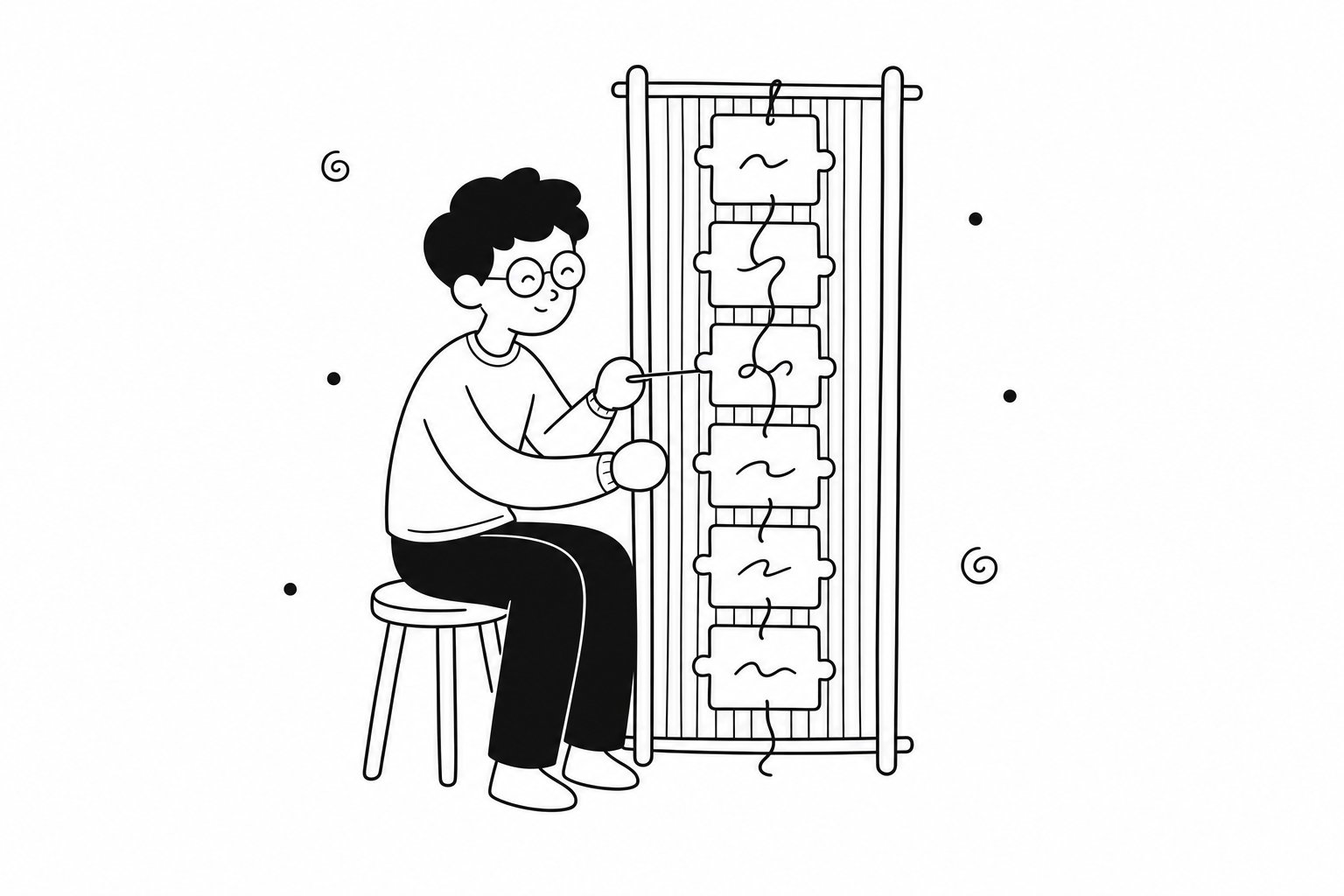 A person at a hand loom weaving a vertical ladder of puzzle tiles, one row at a time