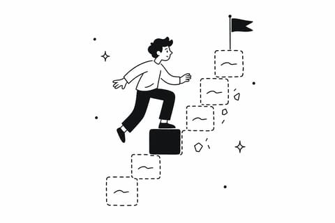 A person steps up onto the only solid tile of a staircase made of dashed-outline tiles, with small fragments falling away, climbing toward a flag at the top