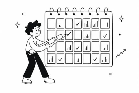 A person ticks off a day on a giant wall calendar whose squares hold small bar charts and check marks