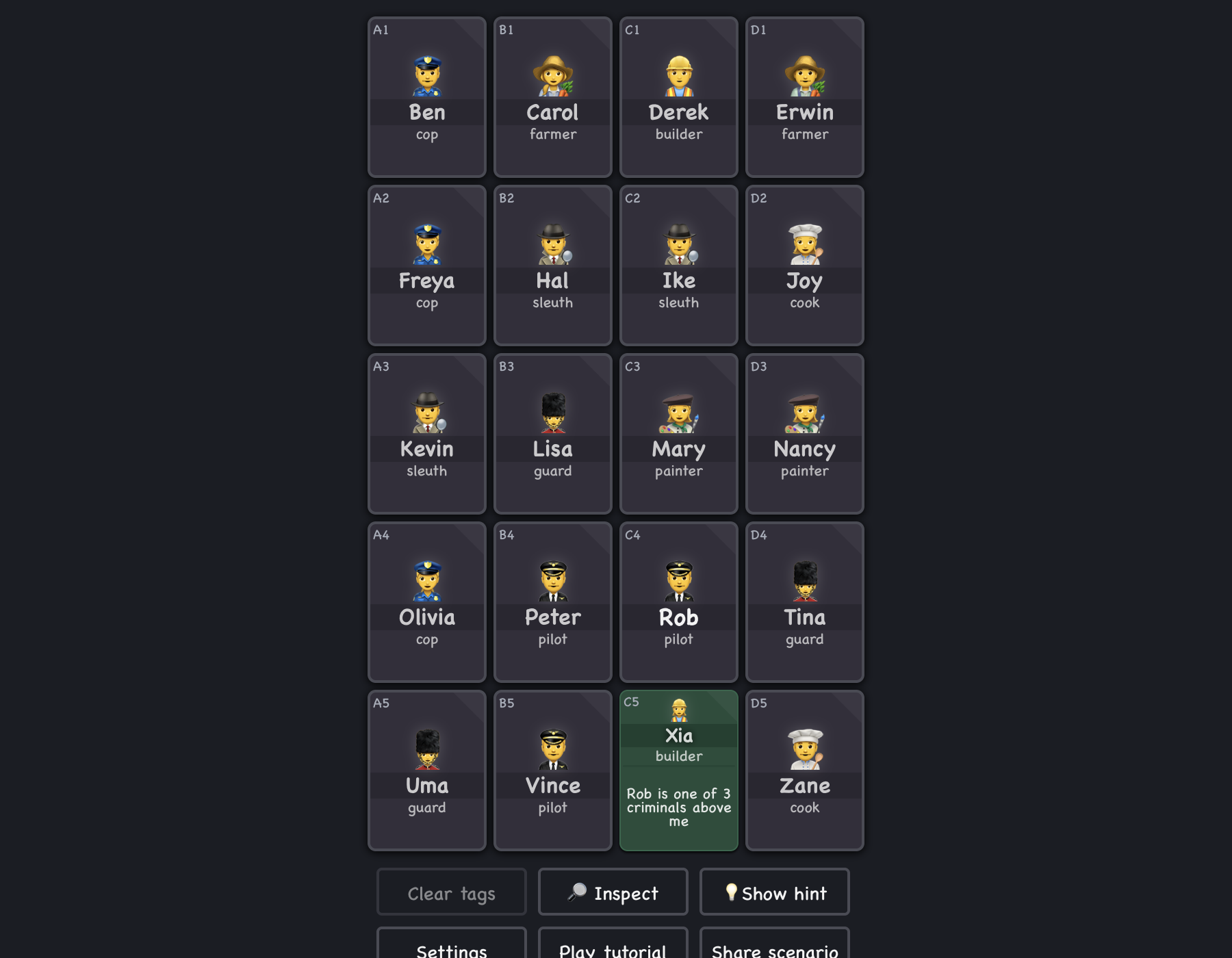 The Clues by Sam board with twenty suspect cards showing names and occupations, one card turned over to reveal the clue that Rob is one of three criminals above it