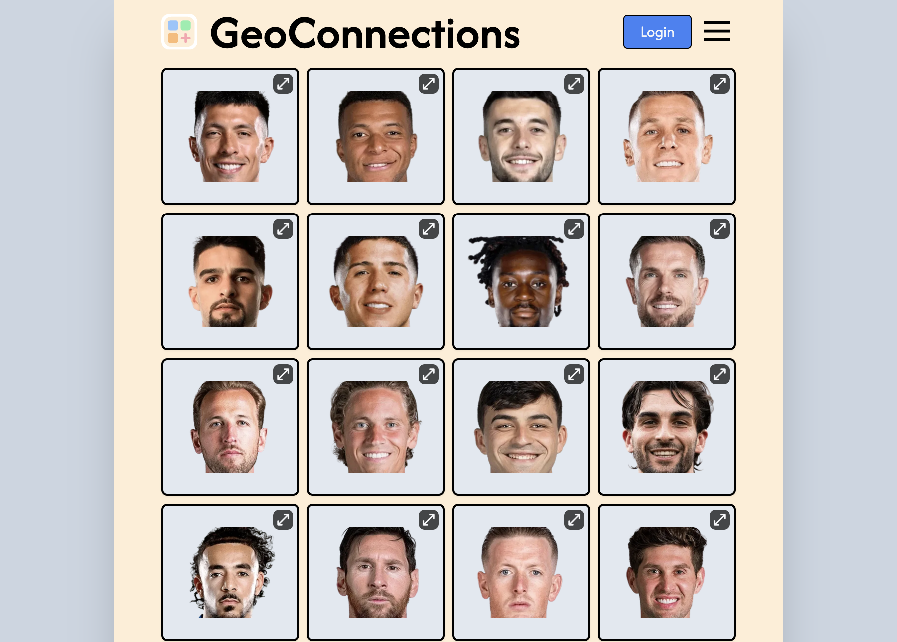 The GeoConnections board on the day of writing, sixteen tiles each holding a cut out portrait of a footballer, arranged four across and four down