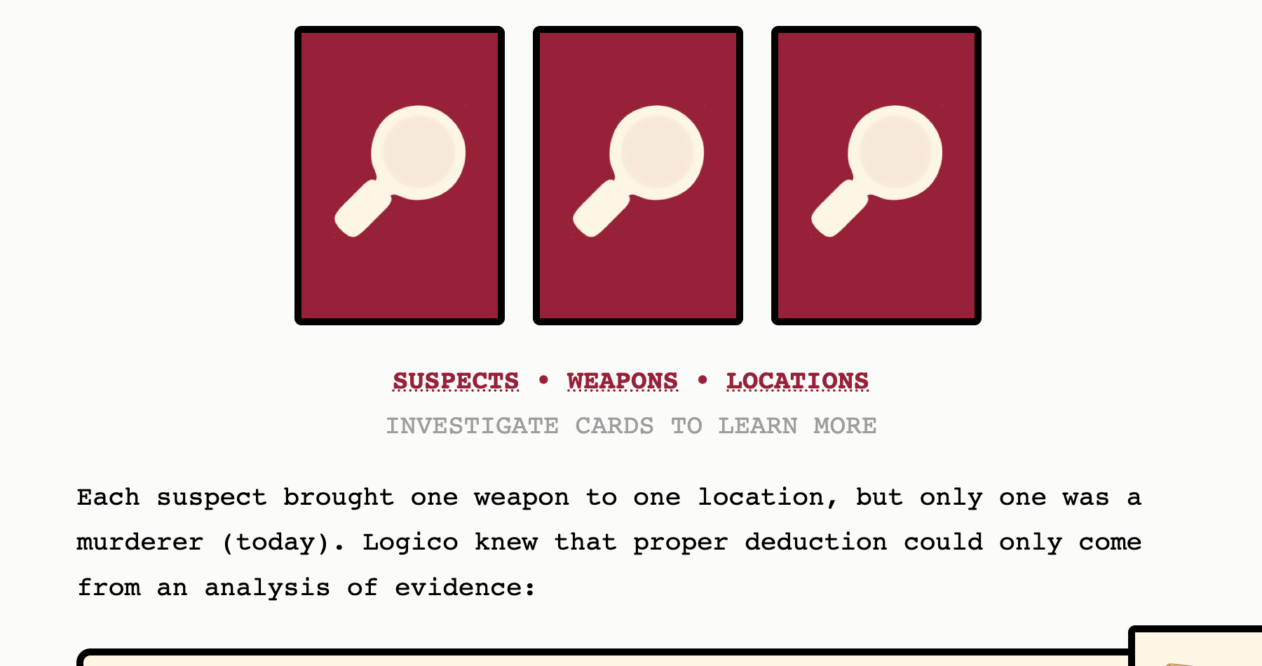 A Murdle case showing three face down suspect cards labelled suspects, weapons and locations, above a panel headed clues and evidence