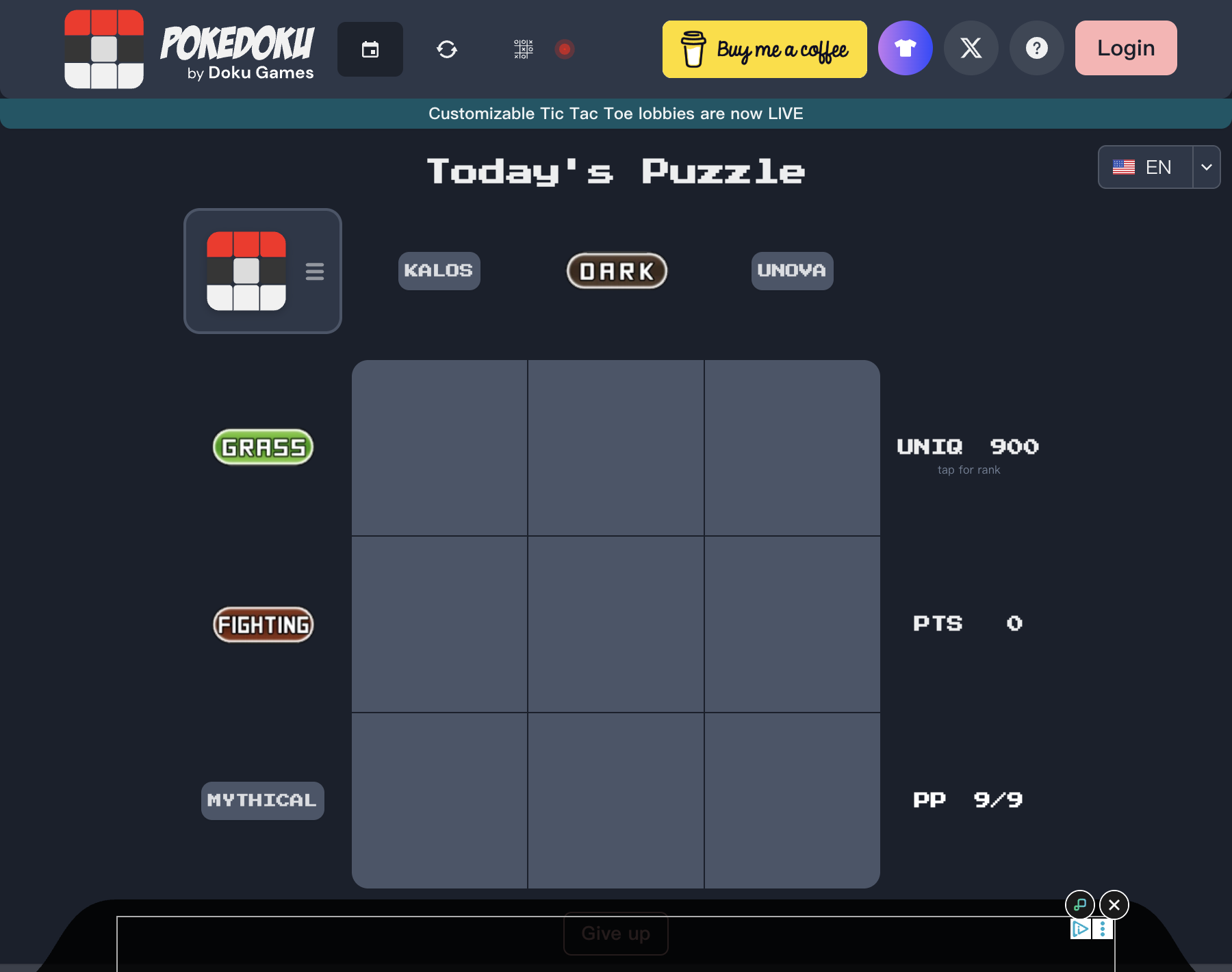 The PokeDoku board with an empty three by three grid, column labels reading Kalos, Dark and Unova and row labels reading Grass, Fighting and Mythical