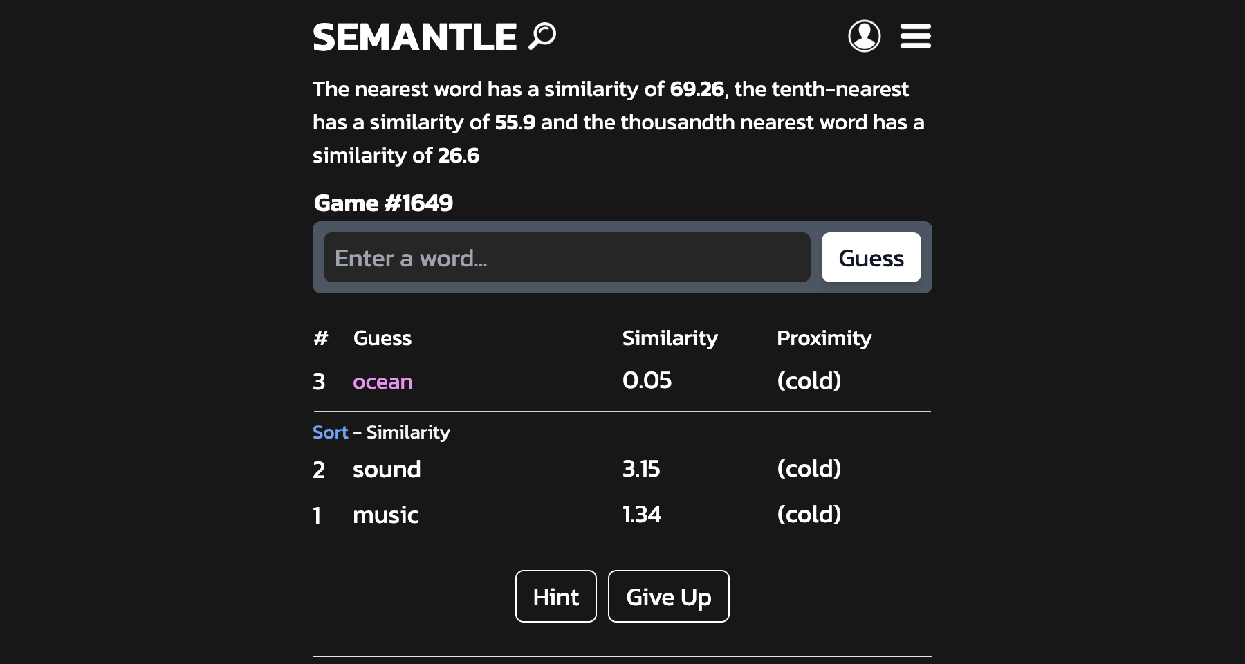 Semantle showing three guesses in a table with similarity scores and a proximity column that reads cold for every one of them