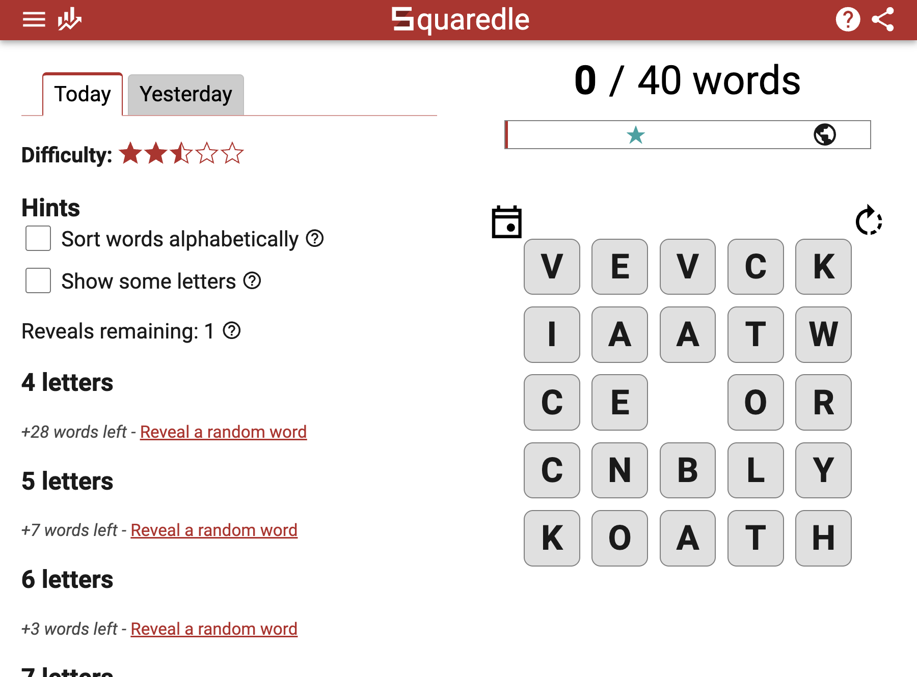 The Squaredle board with a five by five grid of letter tiles, a counter reading zero of forty words, a difficulty rating of two and a half stars and a word list grouped by length