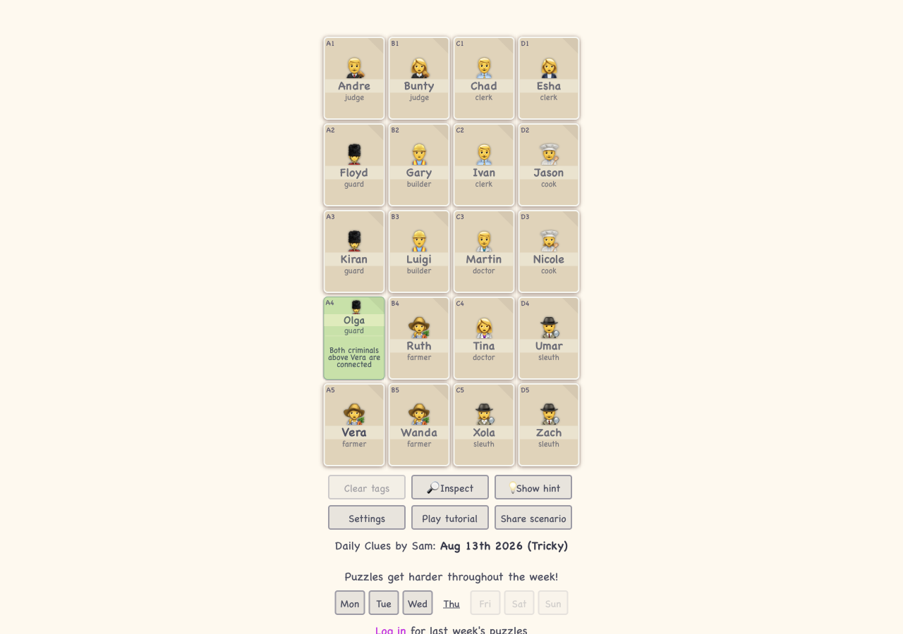 The Clues by Sam board, twenty suspect cards laid out in a grid with names and jobs such as Andre the judge and Vera the farmer, one card tagged with the clue "Both criminals above Vera are connected", labelled Daily Clues by Sam, Aug 13th 2026, Tricky