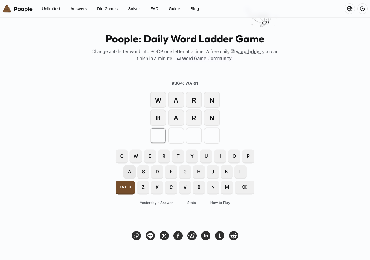 The Poople board for puzzle 364, starting from WARN with BARN entered on the row below it and one empty row still to fill, above the on-screen keyboard