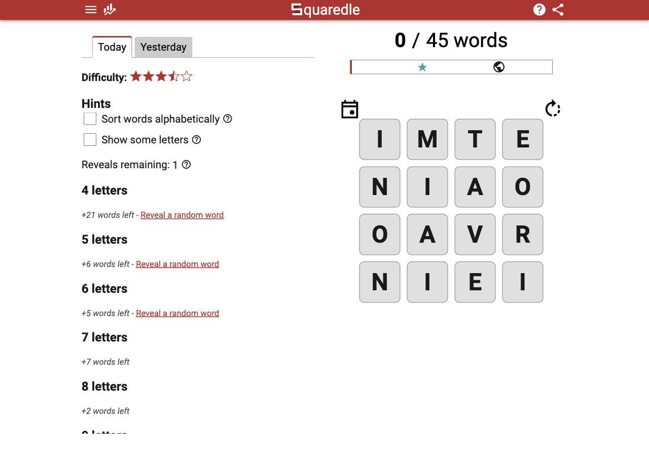 The Squaredle board for the day, a four by four grid of letters reading I M T E, N I A O, O A V R, N I E I, with a running score of 0 of 45 words above it and a hints panel listing how many four, five, six, seven and eight letter answers are still left