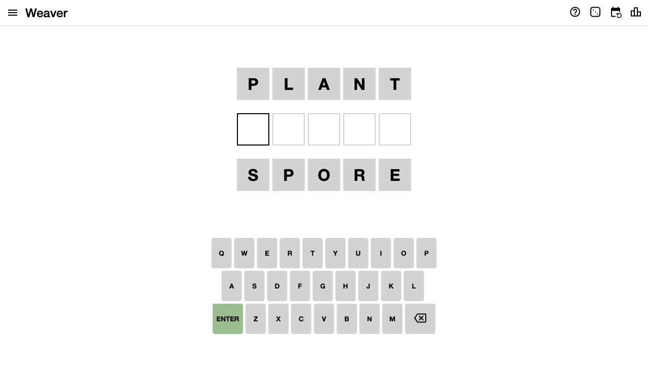 The Weaver board with PLANT fixed at the top and SPORE fixed at the bottom and a single empty row between them waiting for a word, above the on-screen keyboard