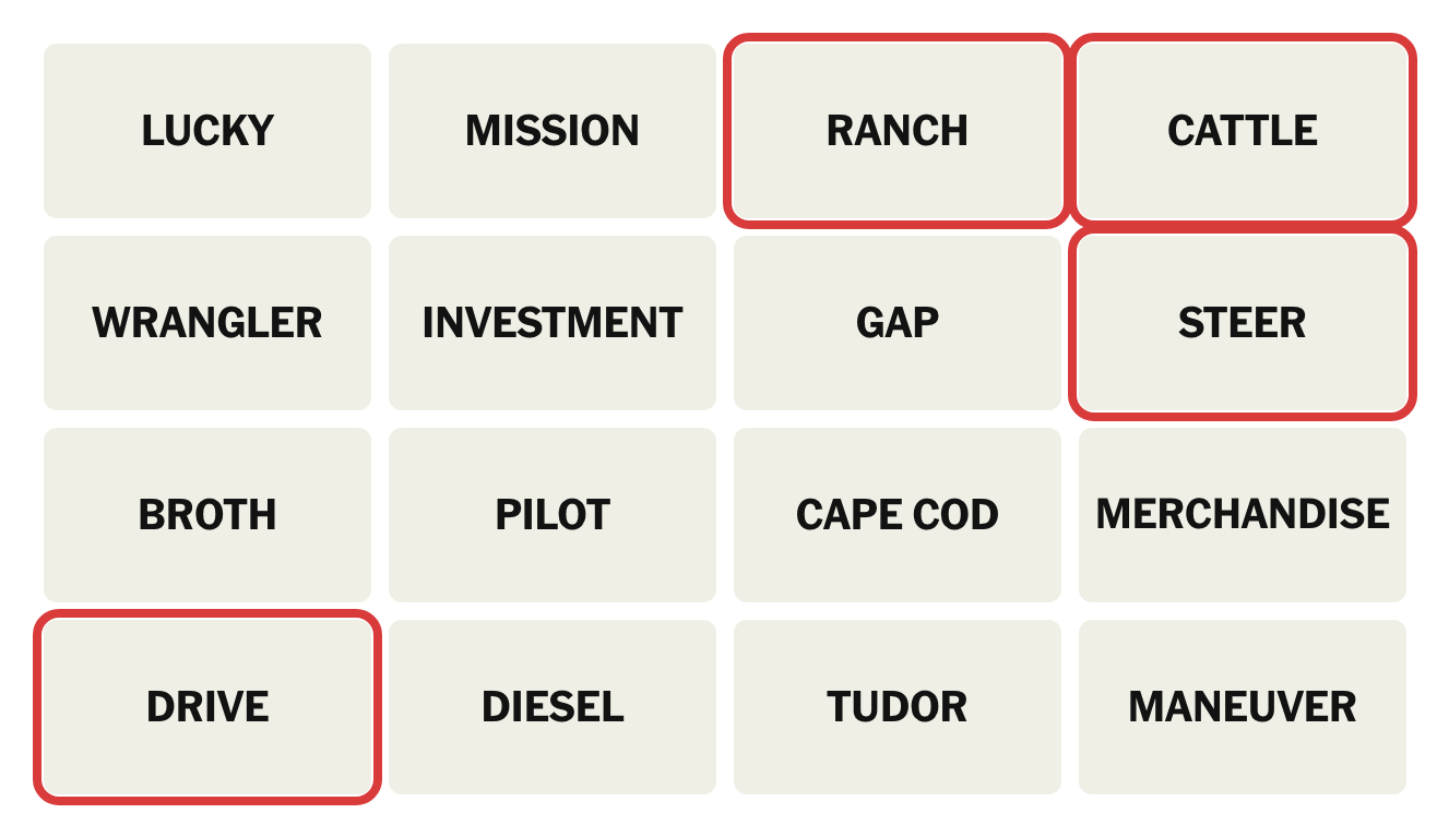 The August 5 Connections board with four tiles outlined in red: RANCH and CATTLE in the top row, STEER directly below CATTLE, and DRIVE alone in the bottom left corner, scattered across the grid rather than sitting together