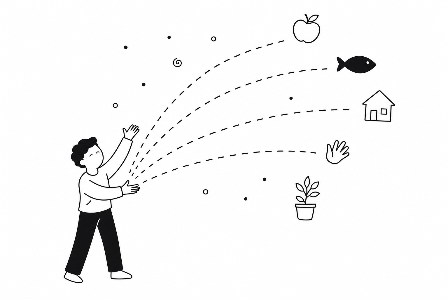One figure in a hand drawn ink style with both arms raised, sending five dashed trails fanning outward to five plainly different objects, an apple, a fish, a house, an open hand and a potted plant, with only the fish filled in solid