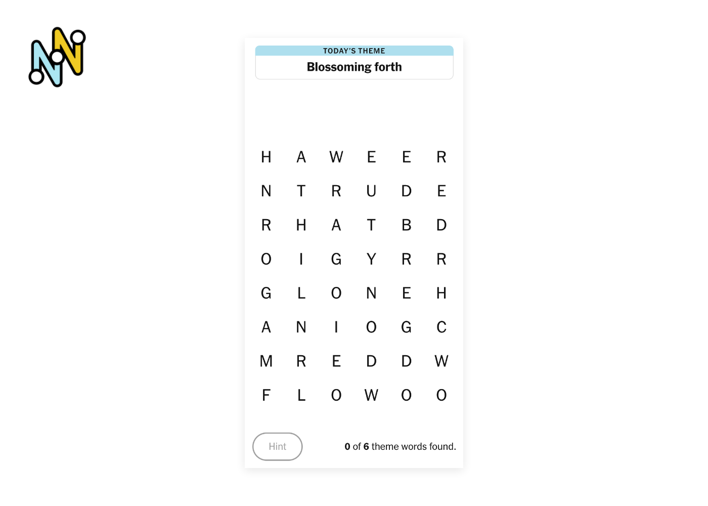 A fresh Strands board beside the game's logo, showing the theme banner reading Blossoming forth above a grid of loose capital letters six columns wide and eight rows tall, with a greyed-out Hint button and a counter reading zero of six theme words found