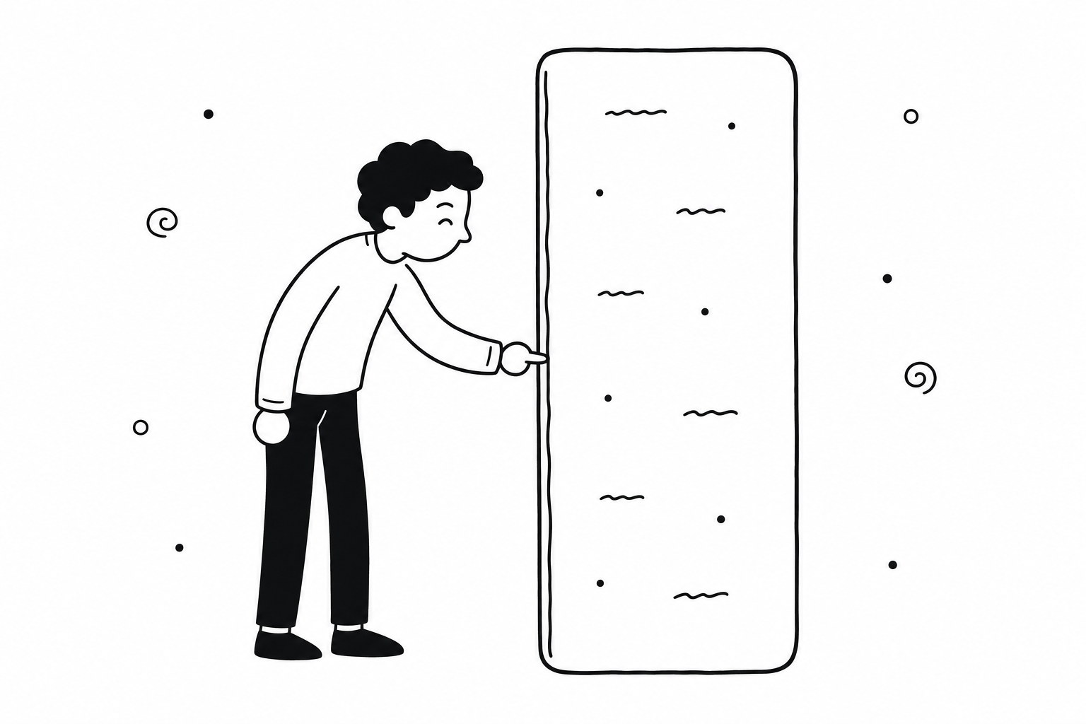 A person leaning forward to run a fingertip down the inside of a tall board's left-hand edge, following a hand-drawn line that runs the full height of that edge, with abstract marks standing in for the letters on the rest of the board