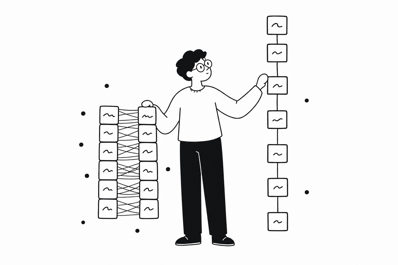 A person comparing two tile ladders, one short and densely cross-linked, the other tall and sparsely connected