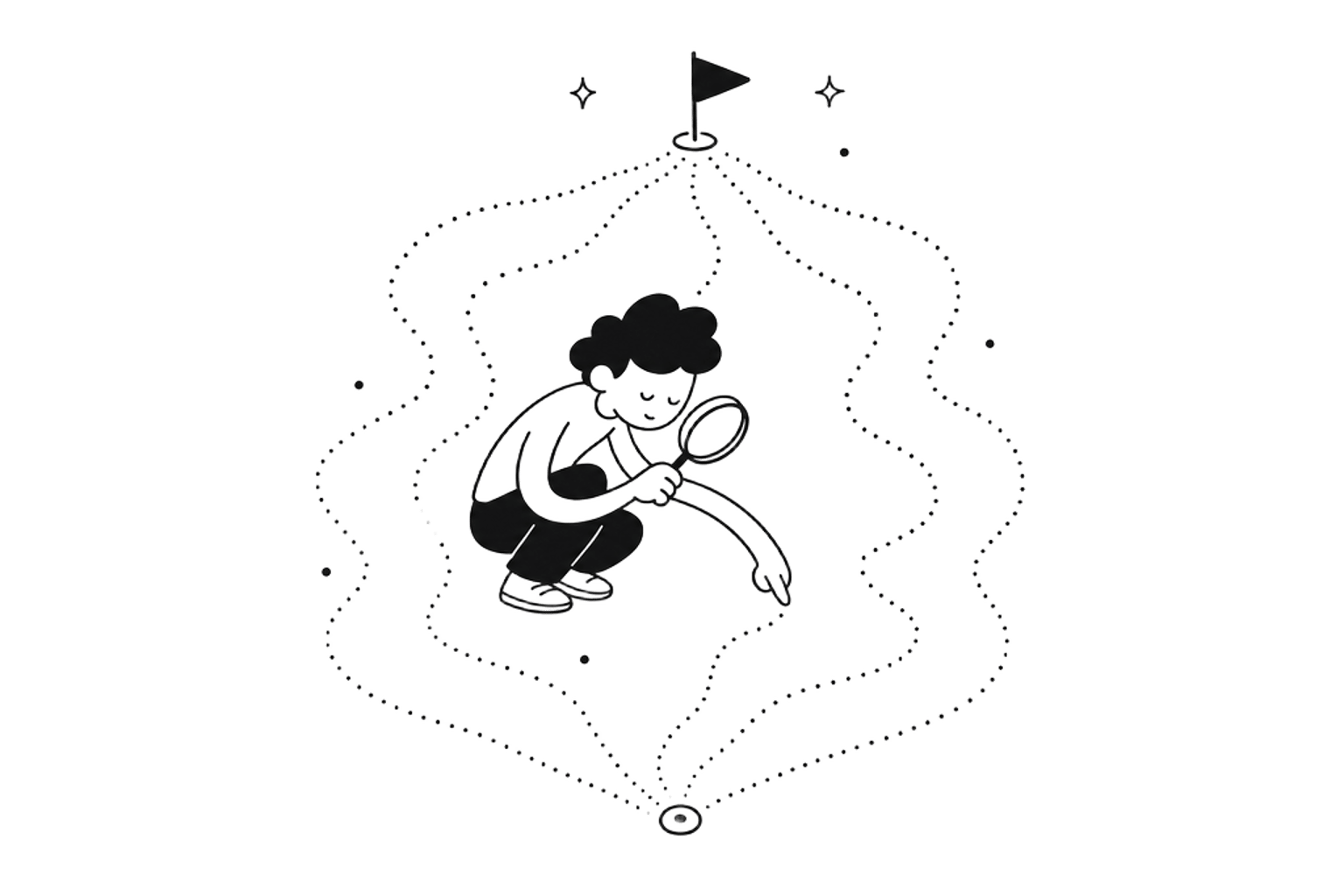 Several equal length routes converging on a single goal