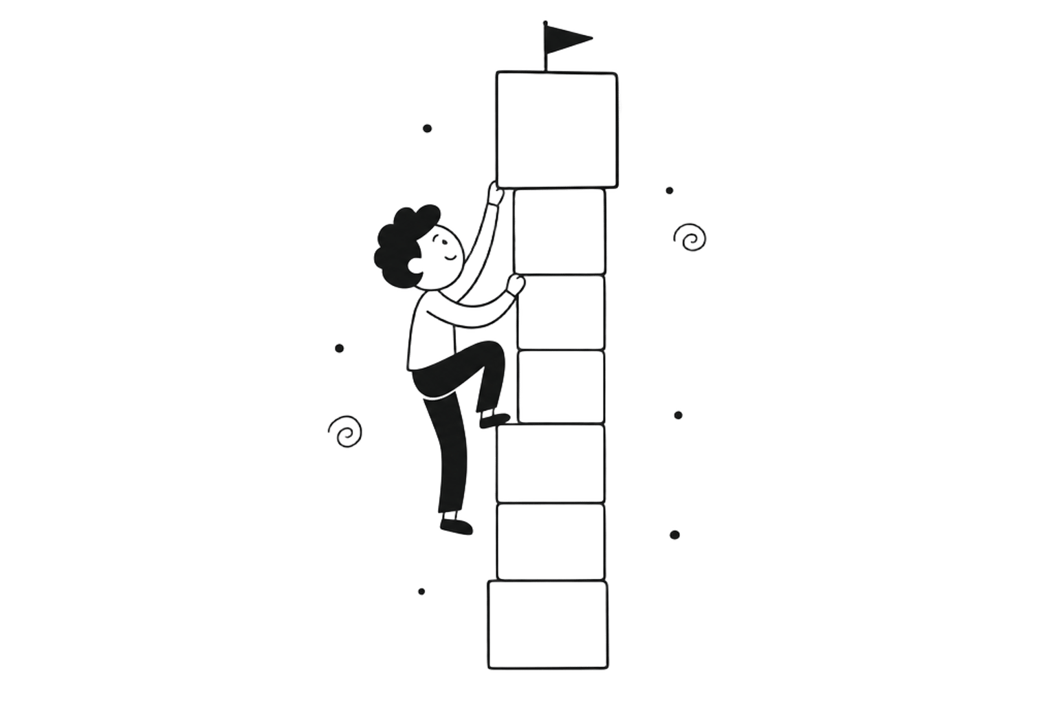 A climber stepping up one block at a time toward a flag at the top