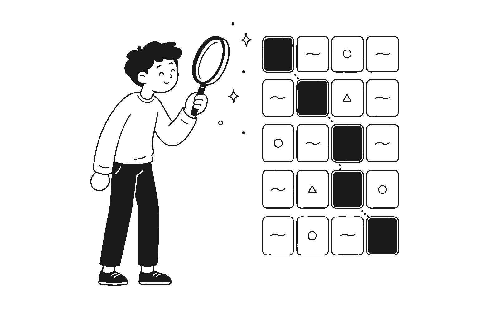 Line illustration of a person holding a magnifying glass up to a ladder of blank letter tiles, with one tile highlighted in each row to trace a path down the stack